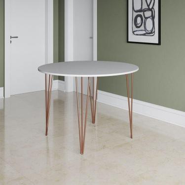 Imagem de Mesa Jantar Redonda Branca Hairpin 90cm Elen Base Cobre Branco