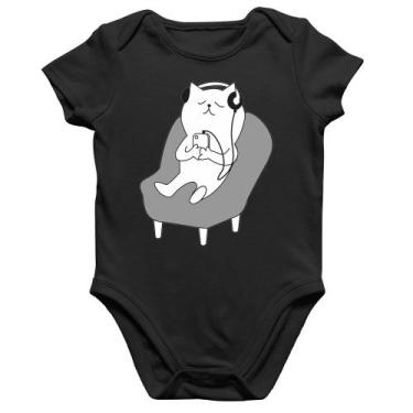 Imagem de Body Bebê Algodão Gatinho Ouvindo Música - Foca na Moda, Preto, G