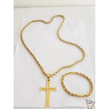 Imagem de Corrente Baiano 8mm +Pulseira + Pingente Cruz Banhado a Ouro - ToJoia1