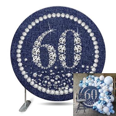 Imagem de Renaiss Blue 60 Years Round Backdrop Cover 2 m Poliéster Denim Circle Shinning Diamonds Fotografia Fundo para decoração de aniversário de 60 anos 60 anos