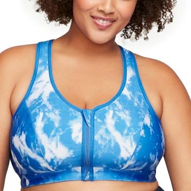 Imagem de Glamorise Sutiã esportivo feminino plus size com zíper frontal sem aro #9266, Azul tie-dye, 36B