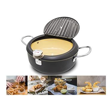Imagem de Cyrder Panela de fritadeira japonesa Tempura 9,5" 3200 ml com tampa de termômetro de aço carbono com revestimento antiaderente resistente a altas temperaturas, frango, peixe, camarão, bola de carne preta 2200s