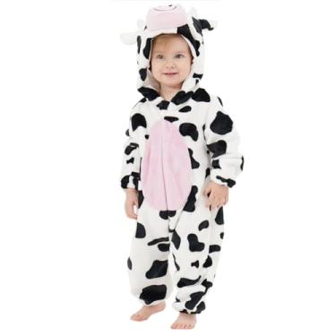 Imagem de LONULAIN Pijama Unissex para Fantasia de Animal, Macacão Infantil de Flanela com Capuz, Cosplay, Roupão/Roupa de Dormir (Vaca, 12 a 18 Meses)