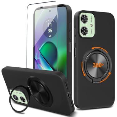 Imagem de Nijiadi Capa de telefone compatível com Motorola Moto G54 5G com protetor de tela de vidro temperado 360° giratório suporte de anel suporte/suporte silicone TPU Silm Fit capa protetora à prova de