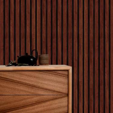 Imagem de LHIUEM Papel de parede de ripa de madeira vermelha 3D papel de parede de madeira vermelha descascar e colar (48 x 38 cm) papel de parede adesivo com linhas texturizadas tiras de madeira de contato