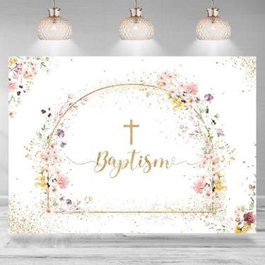Imagem de Rsuuinu Pano de fundo de batismo God Bless Floral Bolinhas douradas Primeira Comunhão Batizado Fotografia Fundo Batismo Festa Decoração Suprimentos Faixa de Chá de Bebê Estúdio Adereços 2,1 x 1,5 m