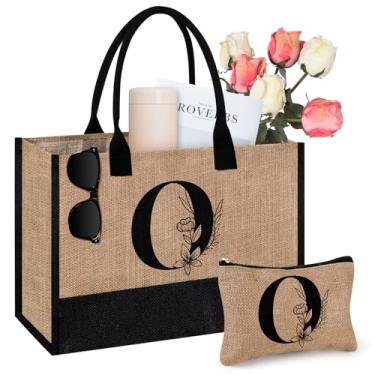 Imagem de AYGE Sacola de juta com inicial personalizada e bolsa de maquiagem, bolsa de praia, presentes com monograma para mulheres, presentes de aniversário para amiga, irmã, mãe, professora, dama de honra