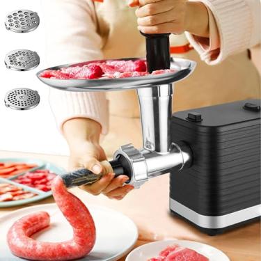 Imagem de Moedor de carne elétrico de 750 W | Moedor de carne de aço inoxidável e enchedor de salsichas, máquina de moer alimentos | 3 placas de corte diferentes, função reversa para uso em cozinha doméstica