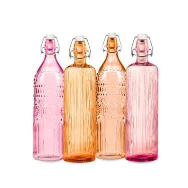 Imagem de Kit 4 Garrafas De Vidro Colorida 1 Litro Agua Suco Resistente C/Tampa Louça Colorida Moderna Cozinha Geladeira Organização Cor Alto Relevo Onda