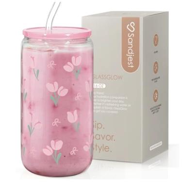 Imagem de SANDJEST Garrafa de vidro floral, copo de vidro tulipa, lata de vidro estética de café gelado, presente para aniversário, presentes para mulheres e meninas, 473 ml