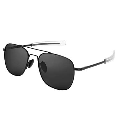 Imagem de RCXKOOM Óculos de sol masculino aviador militar piloto militar americano polarizado, hastes baioneta, Armação preta, lente preta, 55mm
