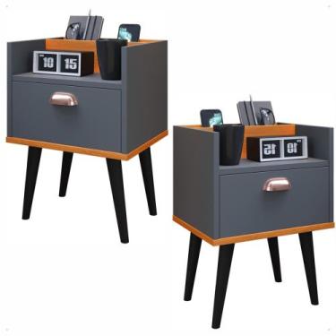 Imagem de Kit com 2 Mesas de Cabeceira Milena Cinza Cinamomo - Gaveta, Suporte p