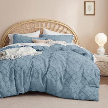 Imagem de Capa de edredom Bedsure Boho King Size com 2 fronhas azul mineral
