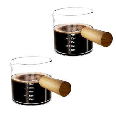Imagem de Pacote com 2 copos de café expresso com cabo de madeira, copo medidor de vidro de bico duplo com escala dupla, copo de shot expresso com boca em forma de V, acessórios de café expresso de vidro