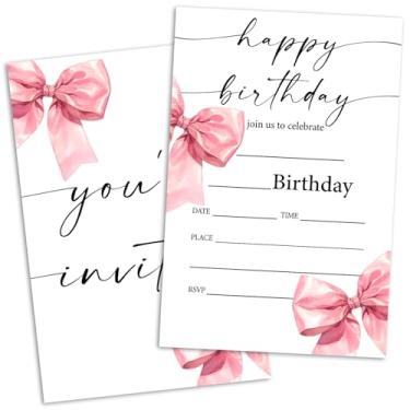 Imagem de Convites de aniversário de laço rosa para meninas, convites de festa de aniversário de laço rosa para mulheres adolescentes adultos, suprimentos de celebração de festa de aniversário, 20 convites de