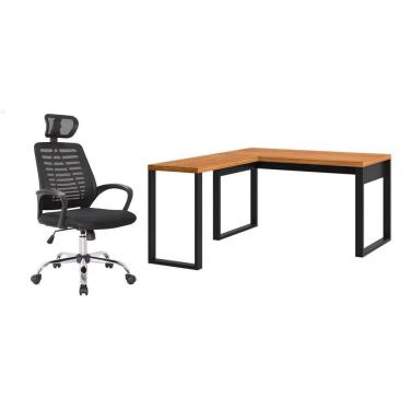 Imagem de Conjunto de Mesa em L Anah Freijó com Cadeira de Escritório Diretor Giratória Light Preta
