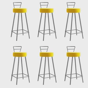 Imagem de Kit 06 Banqueta Alta Com Encosto Tina Eiffel Cozinha Bar Bistrô Ferro Cinza Corino Amarelo - Ahz Móveis