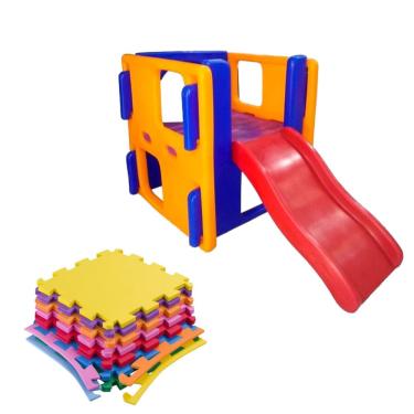 Imagem de Escorregador com Casinha PlayJunior Casinha Infantil Com Escorregador-Brinquedos Playground Meninos e Meninas + 4 Tatame 50x50 Grosso Antiderrapante