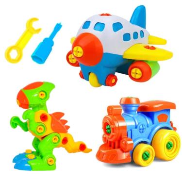 Imagem de Brinquedo Infantil de Montar com Chave Educativo Kit Trem Dinossauro e Avião