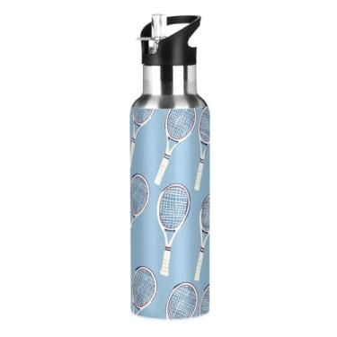 Imagem de Raquete de tênis garrafas de água azuis para meninos e crianças, copos térmicos com tampa de palha, garrafa de água isolada de aço inoxidável à prova de vazamento, jarro de 590 ml