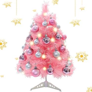 Imagem de Árvore de Natal pequena, tampo de mesa de 61 cm, com 24 bolas de Natal e cordão de luz, LED artificial alimentado por bateria, decoração de festa de pinheiro, árvore de Natal de LED, pequena