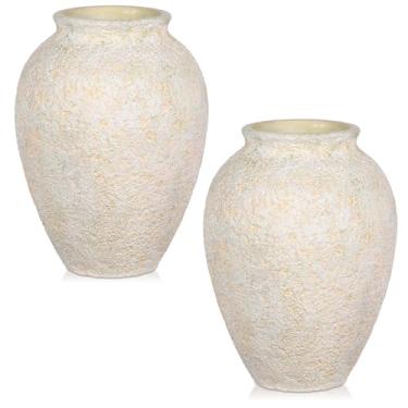 Imagem de Vaso de cerâmica rústico para decoração de casa – 2 peças de vasos pequenos decorativos bege de 17 cm para flores secas, grama dos pampas, plantas falsas – mesa central moderna boho de fazenda