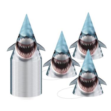 Imagem de CHUNNIN 24pcs Shark Party Hats Shark Birthday Party Supplies Ocean Animal Cone Hat Happy Birthdays Paper Headwear for Kids and Adults Under the Sea Baby Shower Parties Decorations Favors