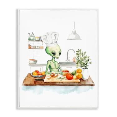 Imagem de Stupell Industries Chef Alien in Kitchen Arte giclée emoldurada branca, design de Lil' Rue, 61 x 76 cm