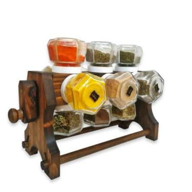 Imagem de Kit Porta Temperos de Madeira Manivela Gira 12 Potes - Artesanatos FD2