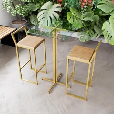 Imagem de Jogo Mesa Alta Bistrô Quadrada Vidro 2 Banquetas Pinus Confort Industrial Dourado