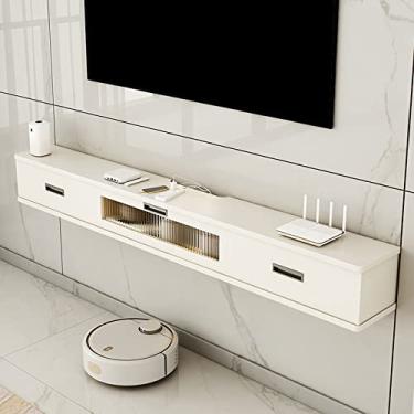 Imagem de Armário de TV montado na parede, prateleira flutuante, console de TV, suportes de TV, prateleira de armazenamento multimídia, armário de parede, roteador, decodificador, prateleira de exibição, quarto