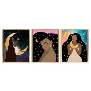 Imagem de Stupell Industries Beautiful Cosmic Women Conjunto de 3 peças de tela flutuante emoldurada dourada por Daniela Santiago, 43 x 53 cm