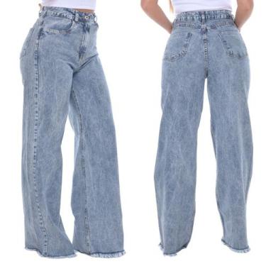 Imagem de Calça Wide Leg Jeans Feminina Cintura Alta - Naraka, Marmorizado, 46