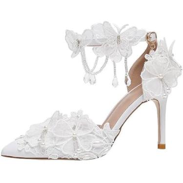Imagem de STARSHINE RESPLENDENT Sandália feminina de salto alto com franja de cristal de chiffon branco de renda flor pérola bico fino stiletto sandálias femininas salto médio salto baixo, Salto de 9 cm, 37