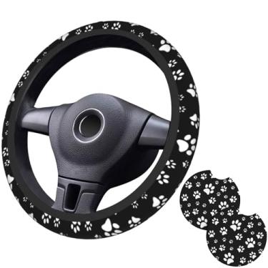 Imagem de Capa de volante preta e branca com estampa de pata de cachorro para mulheres e homens com 2 peças de porta-copos de carro, capa protetora de neoprene antiderrapante fofa universal para veículos