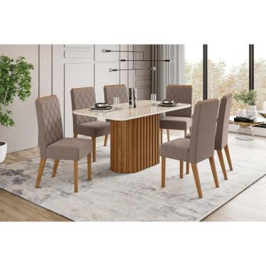 Imagem de Conjunto: Mesa Sala Jantar Solana c/ Tampo Madeirado c/ Vidro Curvo 160x90cm e 6 Cadeiras Nina Nature/Suede Light Marrom Amêndoa - Henn