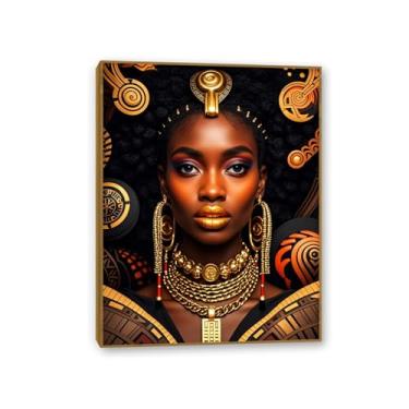 Imagem de Arte de parede em tela afro-americana preta e dourada emoldurada pintura de retrato de mulheres com moldura dourada impressão abstrata de menina negra decoração de parede arte africana 65 x 50 cm (26