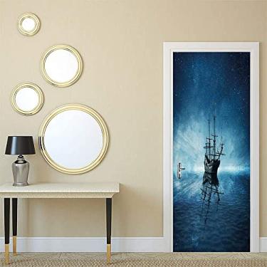 Imagem de Adesivos de mural de porta 3D de navio pirata - Descasque e cole decalques de porta de vinil removível à prova d'água papel de parede autoadesivo decoração de parede para decoração de casa, L 60 x C