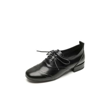 Imagem de TinaCus Tênis de escritório feminino feito à mão em couro legítimo/envernizado Brogue Oxfords com cadarço, Preto genuíno, 34