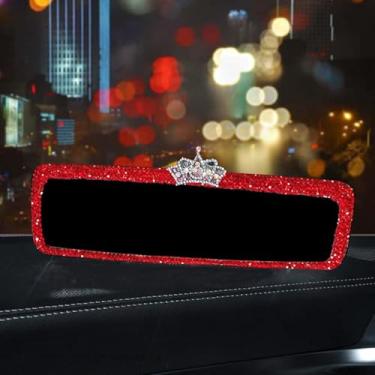 Imagem de Unifizz Capa de espelho retrovisor de strass brilhante, espelho retrovisor de carro com diamantes de cristal strass brilhante espelho retrovisor do carro acabamento interior do carro (vermelho)