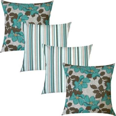 Imagem de Kit 4 Capas de Almofadas Floral e Listrado Verde Água Impermeável 45x4