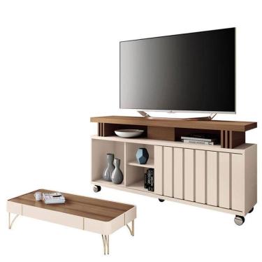 Imagem de Rack Bancada Rivera Com Mesa De Centro Cadenza Castanho Off White – Hb Móveis