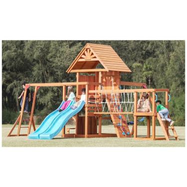 Imagem de Playground Dolphin Playground T em Madeira com Escorregador, Parede de Escalada, Barra de Macaco, Ponte com Rede, Mesa e Balanço para