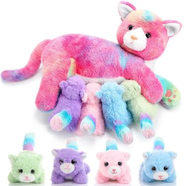 Imagem de Bicho de pelúcia Skylety Nurturing Cat com 4 gatinhos de pelúcia de 40 cm