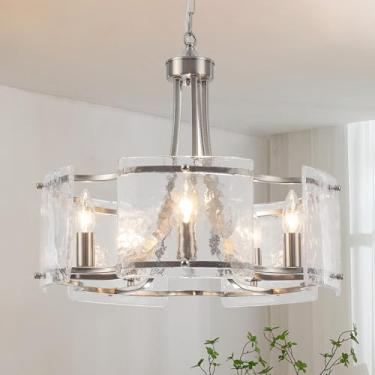 Imagem de TCWGAUI Lustre Moderno De Vidro Texturizado Para Sala De Jantar, Lustre De Cristal De Níquel Escovado Com 5 Lâmpadas, Lustre Redondo Rústico De Fazenda Para Cozinha, Ilha, Quarto, Sala De Estar, Hal