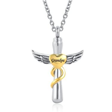 Imagem de QeenseKc Colar de urna de cremação de coração com asa de anjo para cinzas, pingente de memorial, lembrança, suporte de cinzas, gravado, vovô