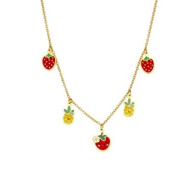 Imagem de Lindo colar feminino com pingente de morango vermelho e abacaxi, banhado a ouro 14 k, corrente ajustável, fruta doce fresca, gargantilha gargantilha de verão para a filha dela