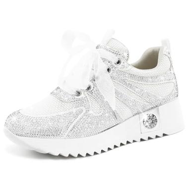 Imagem de FINDVELL Tênis feminino moderno com glitter, plataforma, plataforma, strass brilhante, cano alto, sapatos modernos de lantejoulas, vestido de noiva, Branco com malha, 36