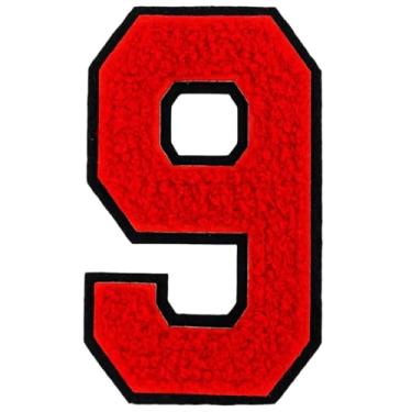 Imagem de 1 peça de patch de número de chenille vermelho de 10 cm com borda preta, remendos de ferro para chapéus, bolsas, mochilas, jeans, jaquetas, par com remendos iniciais, letra grande universitária