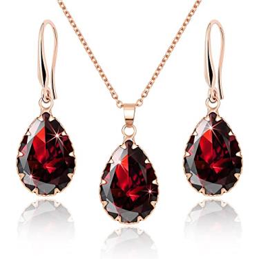 Imagem de Linawe Conjuntos De Joias Cristal Rubi, Colar Com Brincos Vermelhos Em Ouro Rosa, Pingente Diamante Falso, Pendentes Strass, Zircônia Cúbica Formato Lágrima Para Casamento Estilo Boho